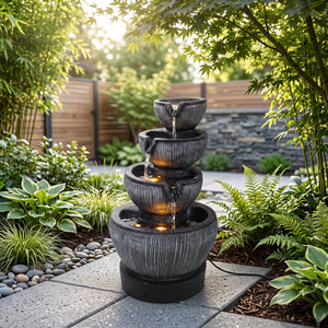 Stacked Ribbed Bowl Solar Water Feature with LED Lights and Battery Backup