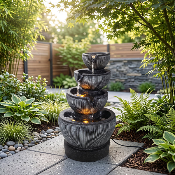 Stacked Ribbed Bowl Solar Water Feature with LED Lights and Battery Backup