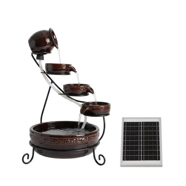 Solar Powered Cascading Terracotta Water Feature – 4 Tier Garden Fountain with Battery Backup