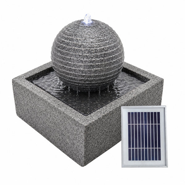 Solar Powered Black Granite-Finish Water Feature with LED Light & Battery Backup