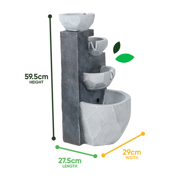 Solar Water Feature – Cascading Rippling Bowls Fountain with LED Lights & Battery Backup
