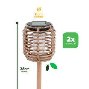 Pack of 2 Solar Rattan Effect Stake Lights – Warm White LED Flame Effect