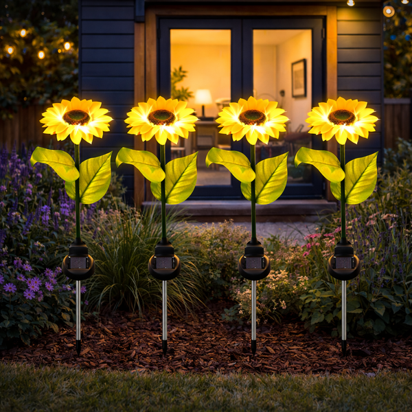 Pack of 4 Solar Sunflower Stake Lights – Warm White LED Garden Lights