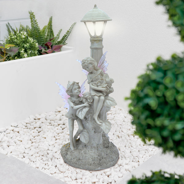 Solar Garden Ornament – Fairies Under Lamp Post with LED Light