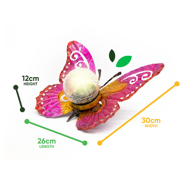 Solar Garden Ornament – Metal Sunset Butterfly with LED Crackle Glass Ball