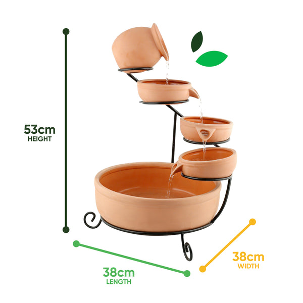 Solar Powered Cascading Terracotta Water Feature – 4 Tier Garden Fountain with Battery Backup