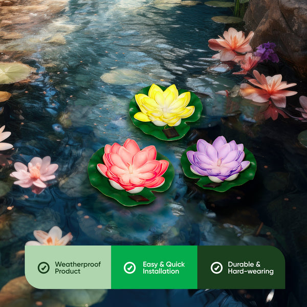 Pack of 3 Solar Floating Lotus Lights – Warm White LED Pond Lights