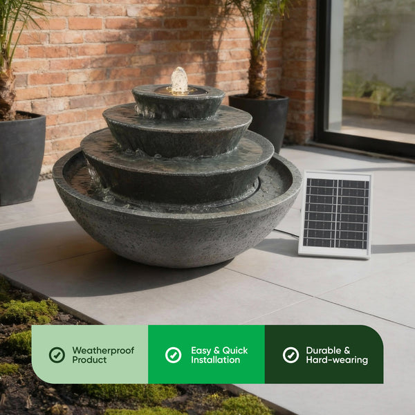 Solar Water Feature – Tiered Stacked Bowl Fountain with LED Lights & Battery Backup