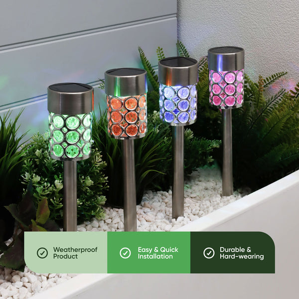 Pack of 4 Solar Crystal Stake Lights – Colour Changing LED Garden Lights