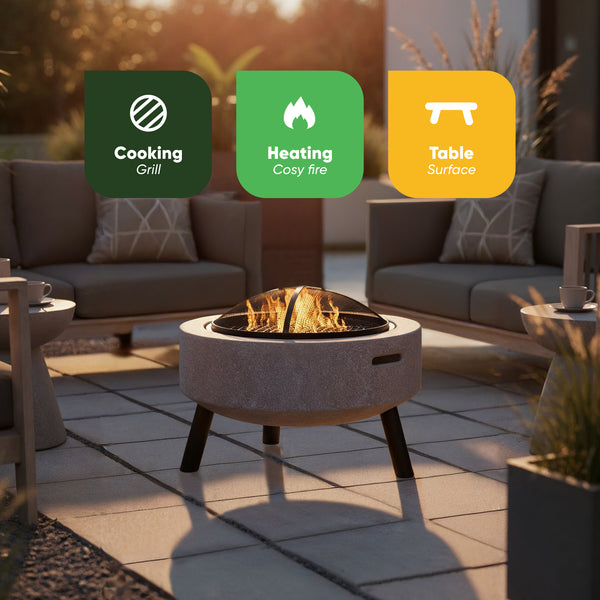 MGO Firepit Table & BBQ – 3-in-1 Outdoor Fire Bowl with Table Top | Stone Effect Garden Heater & Charcoal Grill