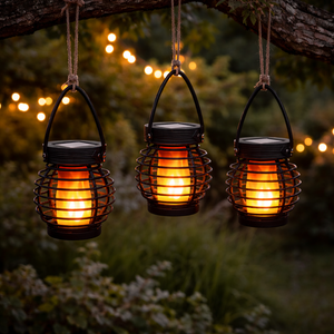 Pack of 3 Solar Hanging Lanterns – Mini Flame Effect LED Lights
