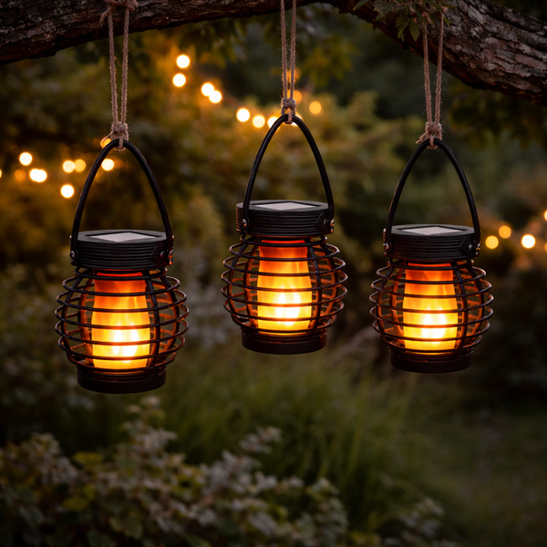 Pack of 3 Solar Hanging Lanterns – Mini Flame Effect LED Lights