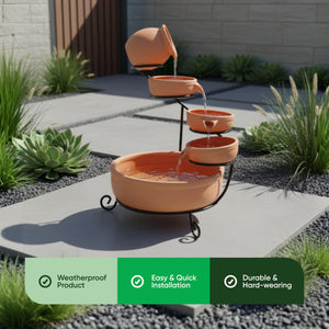 Solar Powered Cascading Terracotta Water Feature – 4 Tier Garden Fountain with Battery Backup