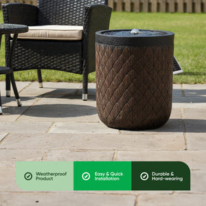 Solar Water Feature – Diamond Weave Barrel Fountain with LED Lights & Battery Backup