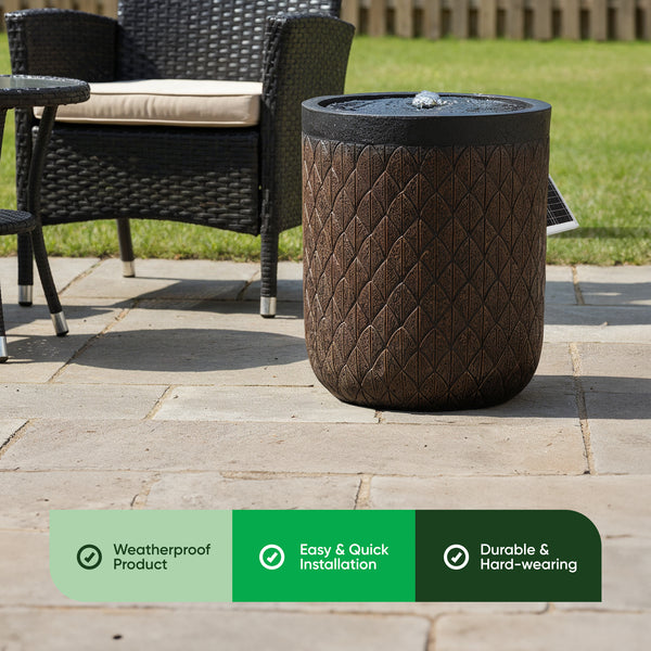 Solar Water Feature – Diamond Weave Barrel Fountain with LED Lights & Battery Backup