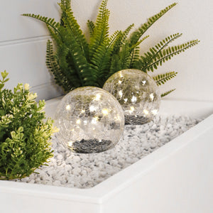 Pack of 2 Solar Crackle Ball LED Lights – Warm White Glass Globe Garden Lights