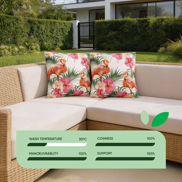 Pair of Outdoor Scatter Cushions – Flamingo Palm Print Design