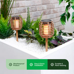 Pack of 2 Solar Rattan Effect Stake Lights – Warm White LED Flame Effect