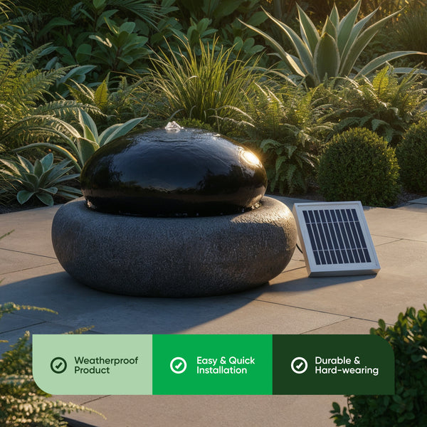 Solar Water Feature – Black Pebble Fountain with LED Lights & Battery Backup