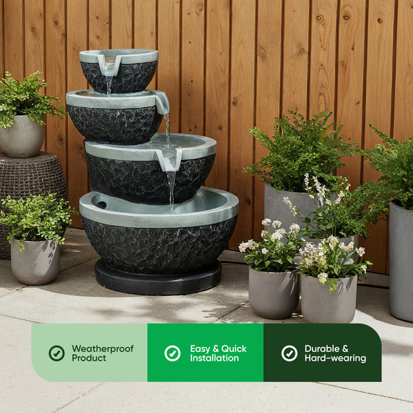 Solar Water Feature – Tiered Cascade Waterfall Fountain with LED Lights & Battery Backup