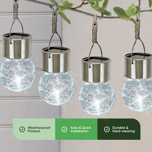 Pack of 4 Solar Hanging Lights – Crackle Glass Ball LED Lights