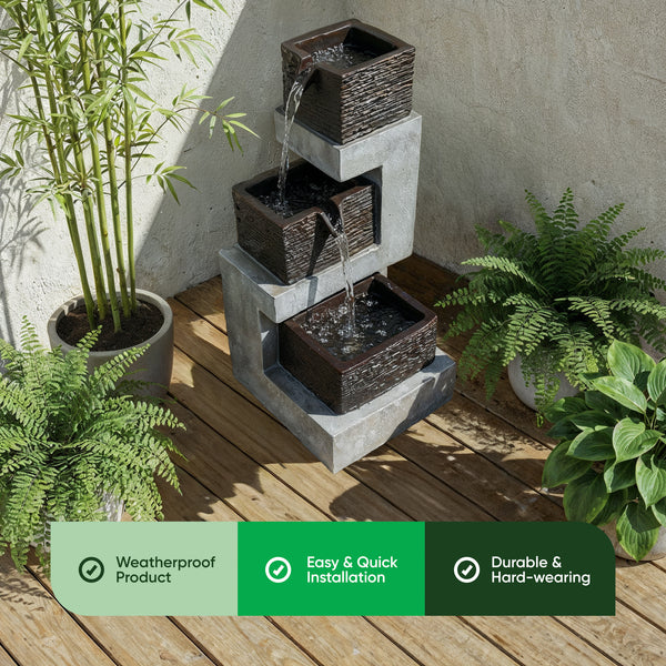 Solar Water Feature – Stacked Blocks Fountain with LED Lights & Battery Backup
