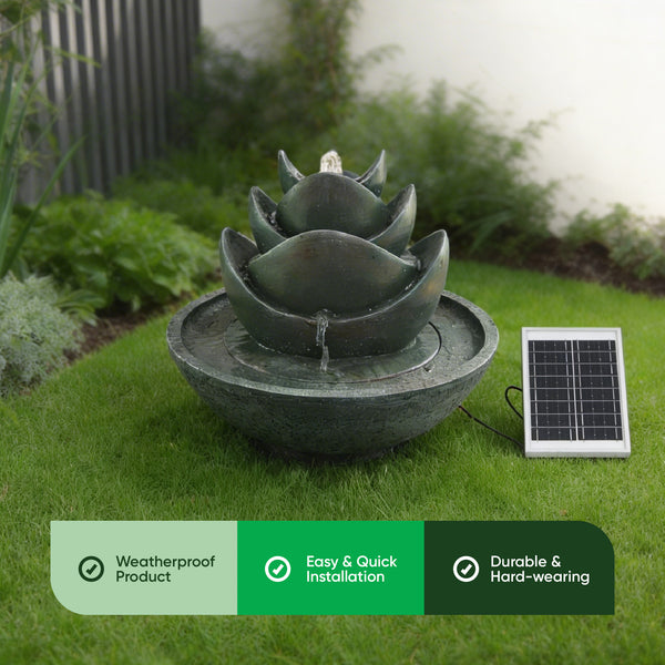 Solar Water Feature – 3 Tier Lotus Fountain with LED Lights & Battery Backup
