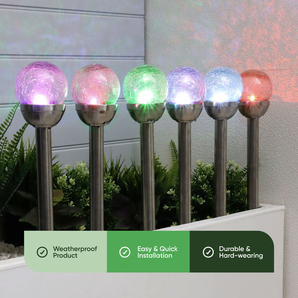 Pack of 6 Solar Stake Lights – Crackle Glass Ball 8cm LED Lights