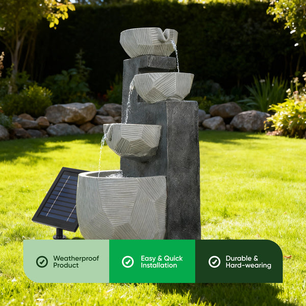Solar Water Feature – Cascading Rippling Bowls Fountain with LED Lights & Battery Backup