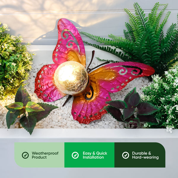 Solar Garden Ornament – Metal Sunset Butterfly with LED Crackle Glass Ball