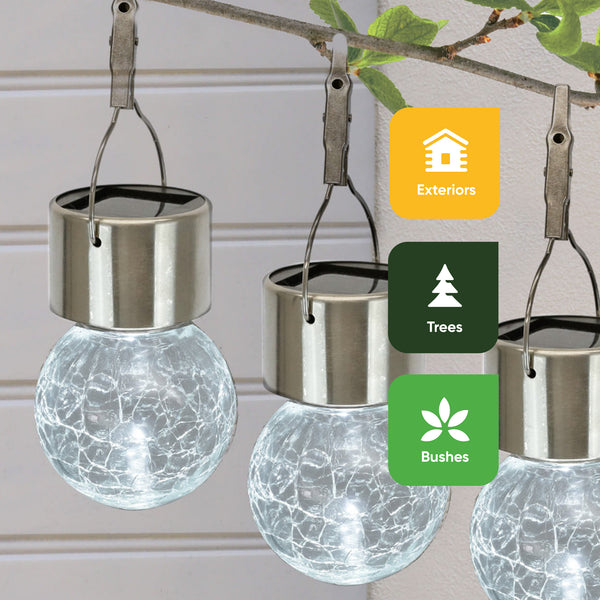 Pack of 4 Solar Hanging Lights – Crackle Glass Ball LED Lights