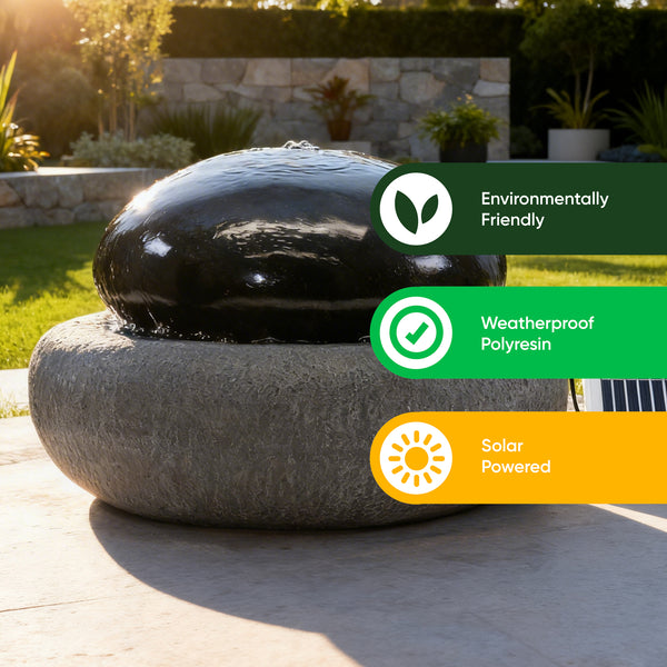 Solar Water Feature – Black Pebble Fountain with LED Lights & Battery Backup