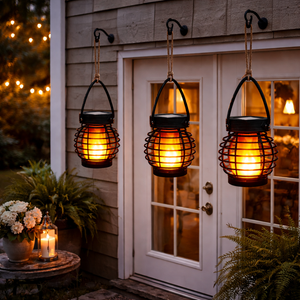 Pack of 3 Solar Hanging Lanterns – Mini Flame Effect LED Lights