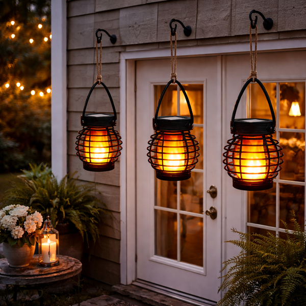 Pack of 3 Solar Hanging Lanterns – Mini Flame Effect LED Lights
