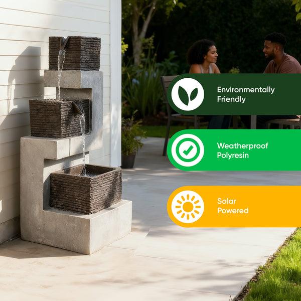 Solar Water Feature – Stacked Blocks Fountain with LED Lights & Battery Backup