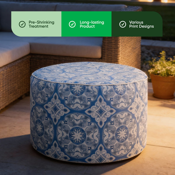 Outdoor Pouf Ottoman – Jacquard Blue Inflatable Footstool