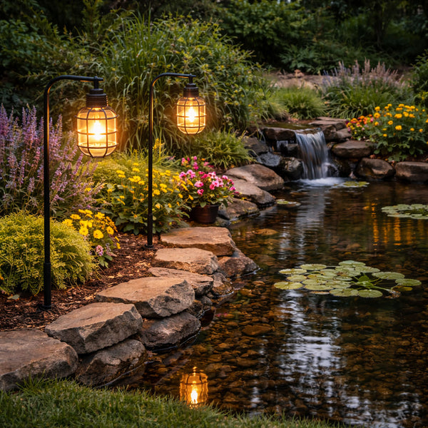 Pack of 2 Timeless Lantern Solar Stake Lights Vintage Caged LED Pathway Lights
