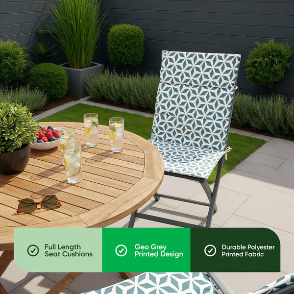 Pair of Outdoor Seat Cushions – Geo Grey Full Length Chair Pads