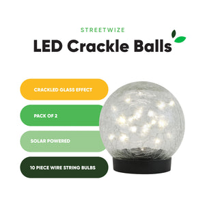 Pack of 2 Solar Crackle Ball LED Lights – Warm White Glass Globe Garden Lights