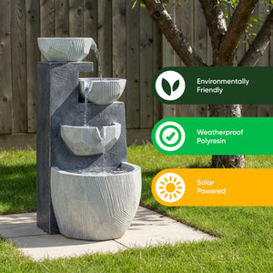 Solar Water Feature – Cascading Rippling Bowls Fountain with LED Lights & Battery Backup