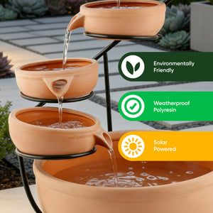Solar Powered Cascading Terracotta Water Feature – 4 Tier Garden Fountain with Battery Backup