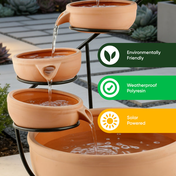Solar Powered Cascading Terracotta Water Feature – 4 Tier Garden Fountain with Battery Backup