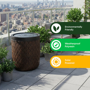 Solar Water Feature – Diamond Weave Barrel Fountain with LED Lights & Battery Backup
