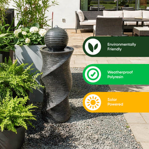 Solar Water Feature – Twisted Ball Fountain with LED Lights & Battery Backup