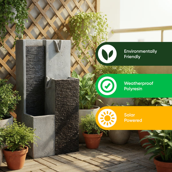 Solar Water Feature – Harmony Pillars Fountain with LED Lights & Battery Backup