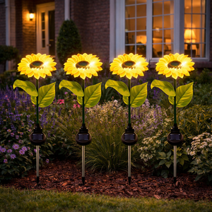 Pack of 4 Solar Sunflower Stake Lights – Warm White LED Garden Lights