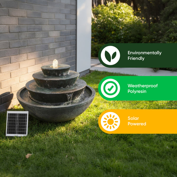 Solar Water Feature – Tiered Stacked Bowl Fountain with LED Lights & Battery Backup