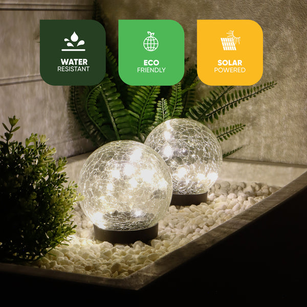 Pack of 2 Solar Crackle Ball LED Lights – Warm White Glass Globe Garden Lights