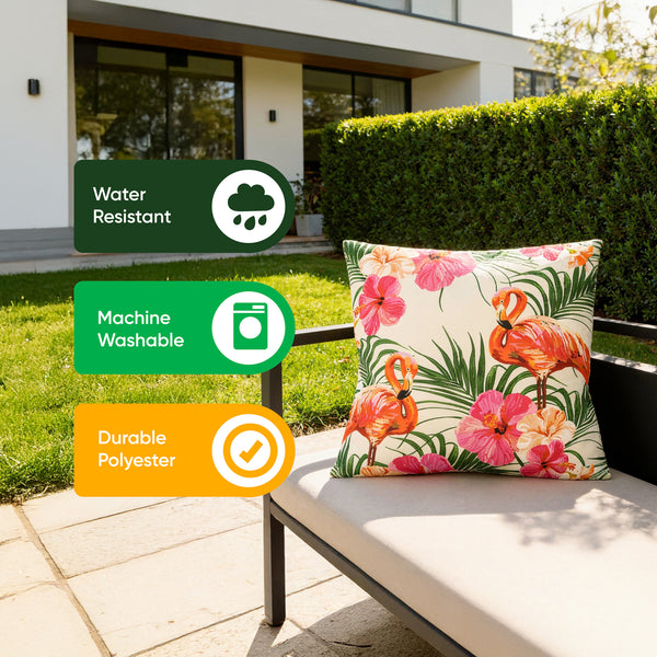 Pair of Outdoor Scatter Cushions – Flamingo Palm Print Design