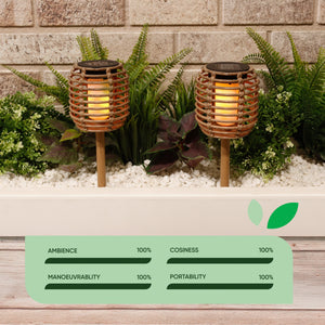 Pack of 2 Solar Rattan Effect Stake Lights – Warm White LED Flame Effect